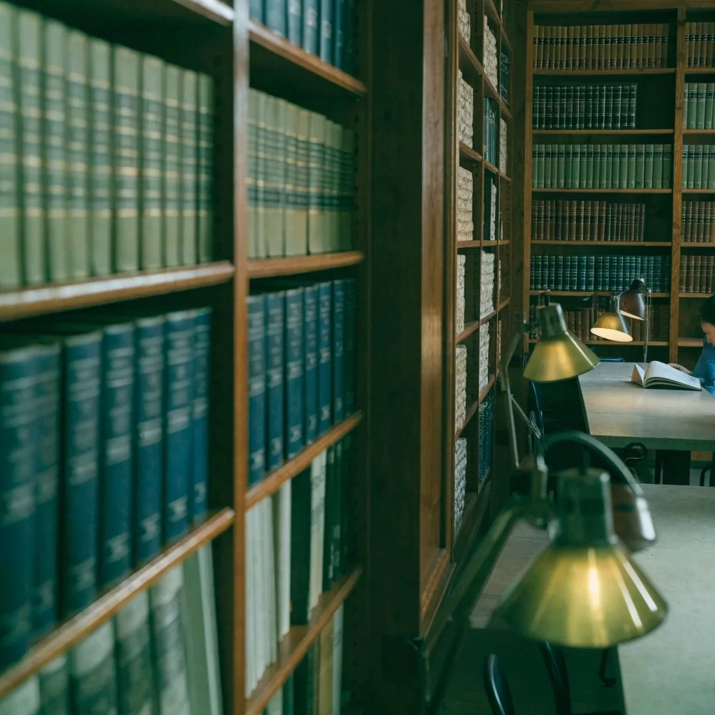 Sala di consultazione di una biblioteca istituzionale con volumi alle pareti