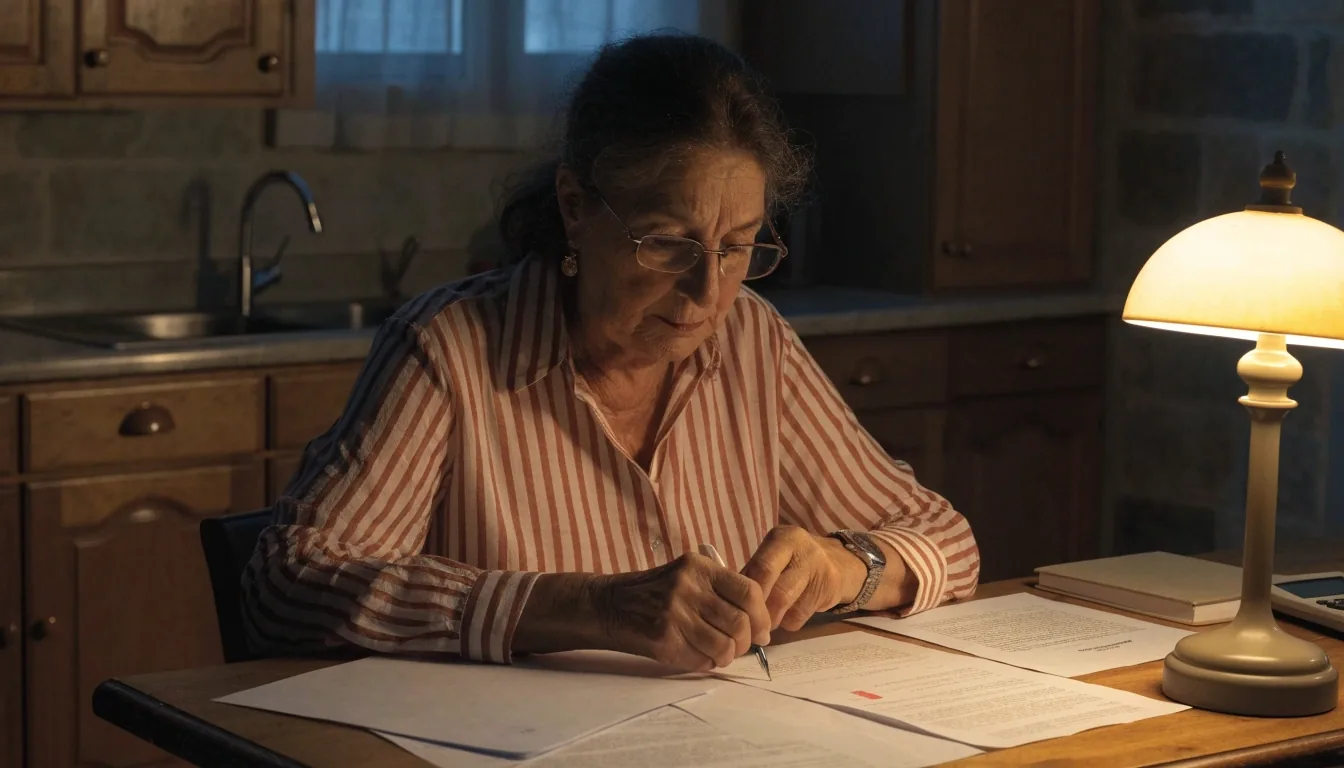 Persona a casa che ordina documenti previdenziali al tavolo, luce serale