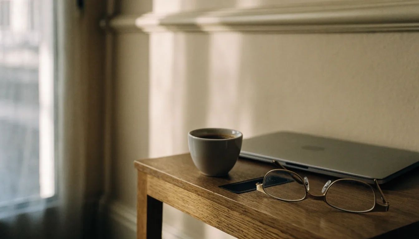 Scrivania di casa a Milano con occhiali da lettura e luce naturale del mattino
