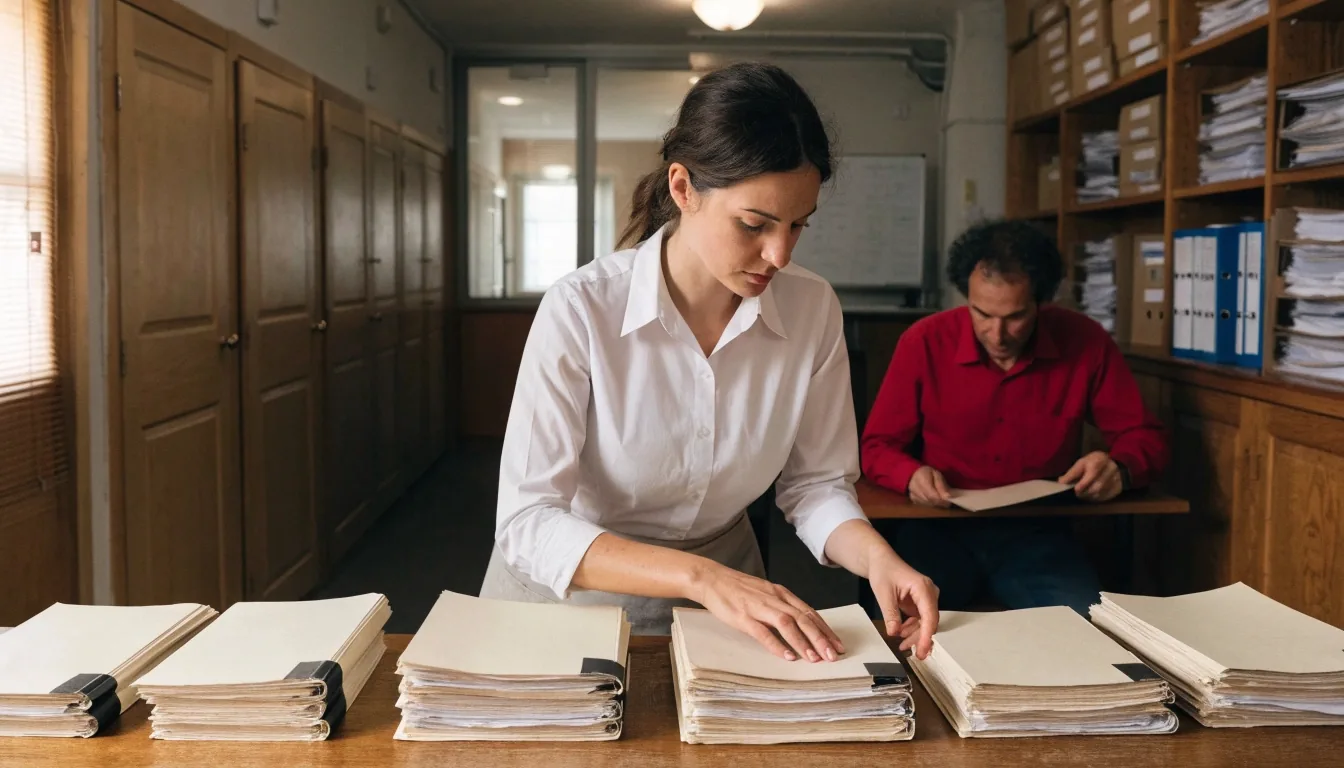 Un lavoratore al proprio posto di lavoro con i documenti della previdenza complementare
