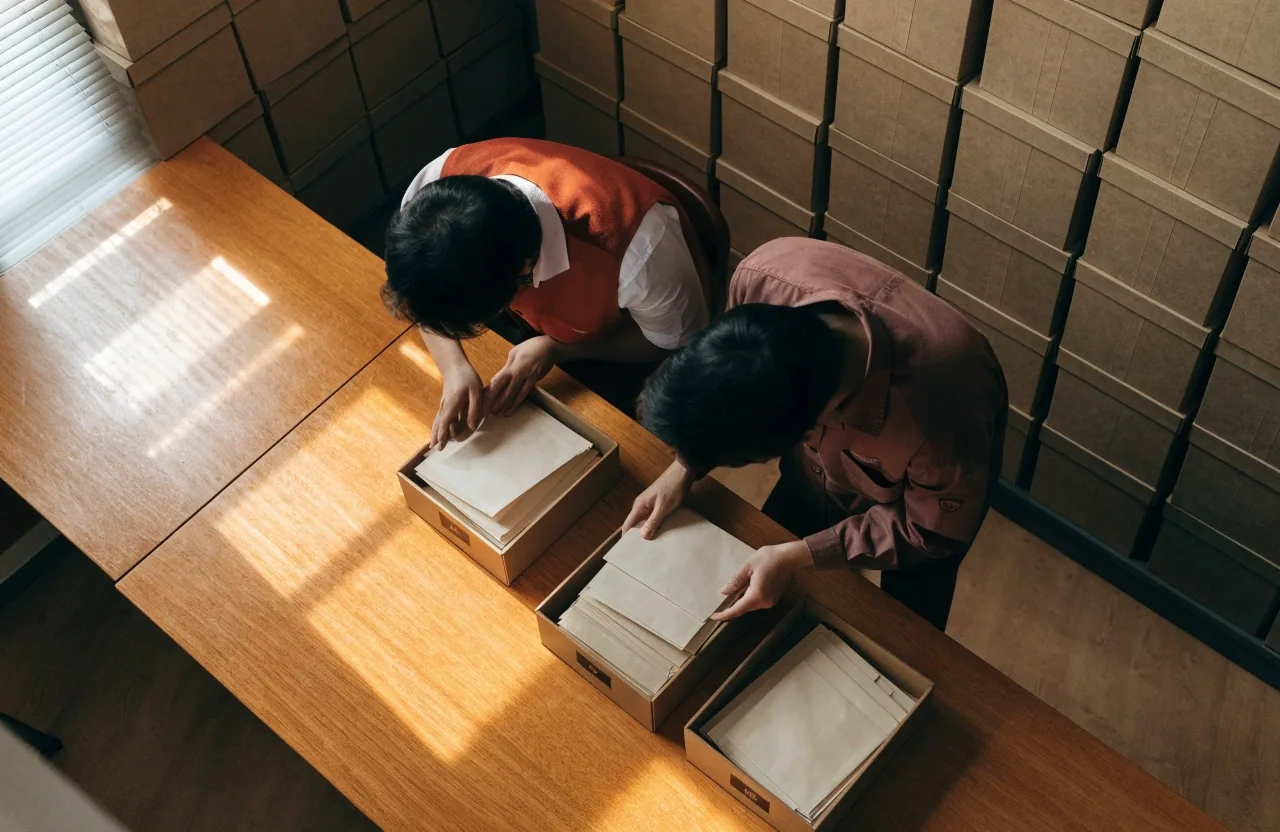 Scrivania di un ufficio paghe con buste paga da archiviare accanto a un portatile chiuso