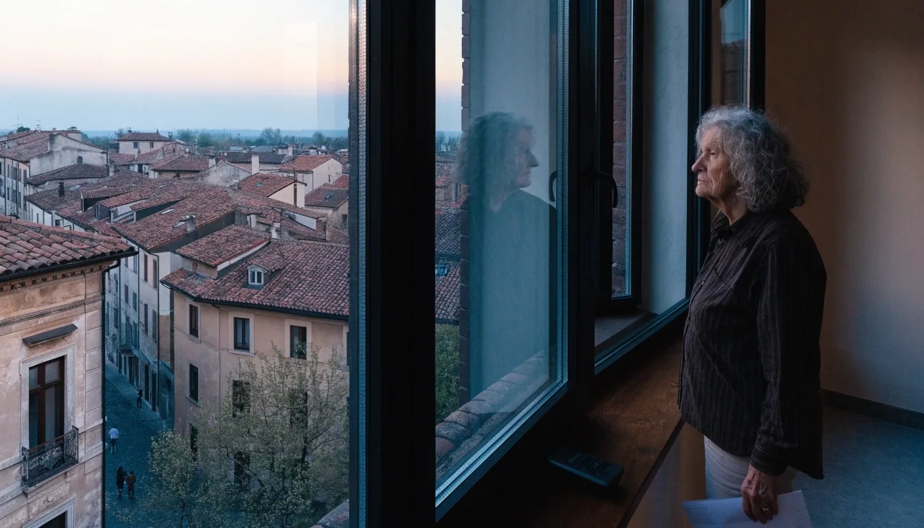 Una donna osserva la città dal finestrino di casa al mattino